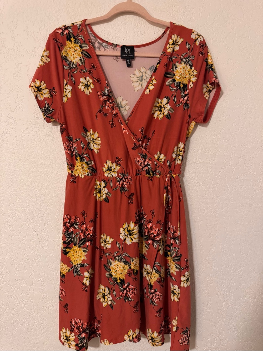 Derek Heart Rust Orange Floral Wrap Midi Dress with Yellow Flowers
